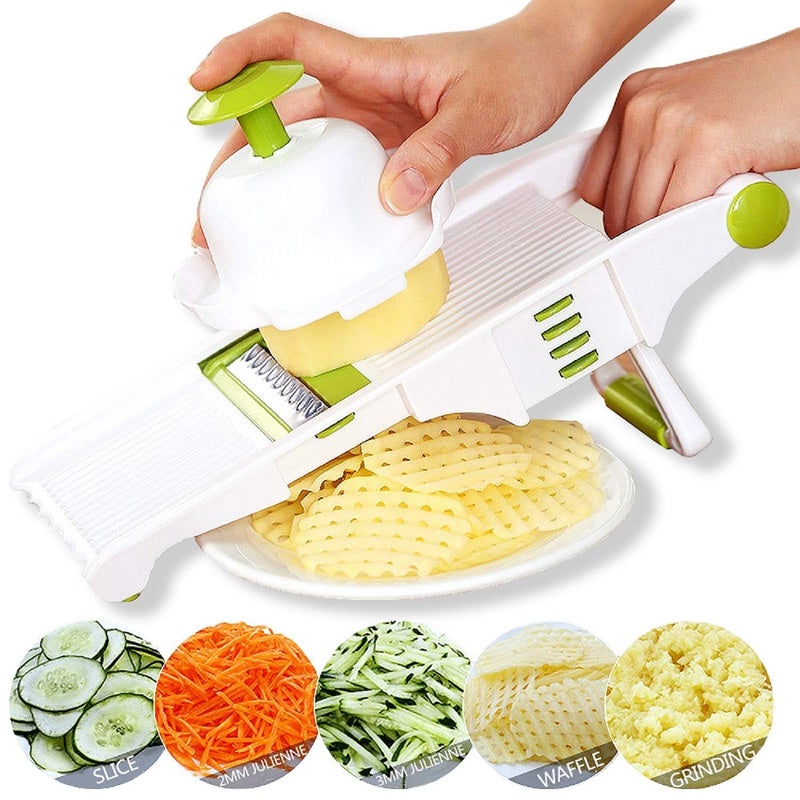 GProMe Mandoline Slicer â€“ Adjustable Vegetable Mandolin, Fruit zucchini Slicer, French Fry Cutter,Crinkle Cutter Food Waffle,Julienne Grater,Garlic Grinder(White) - Image 1